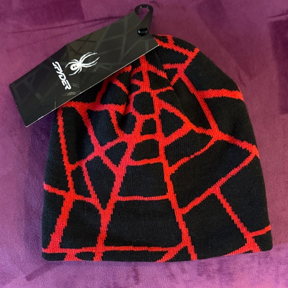 Spyder Black Red Web Pattern Beanie Reversible Ski Winter Hat One Size Fits All - Picture 1 of 13